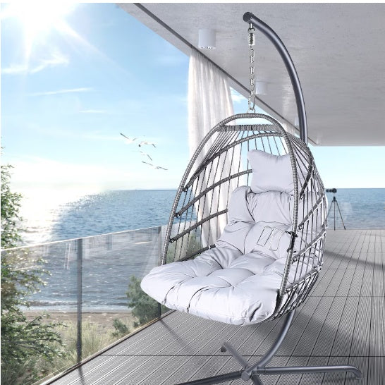 Swing Egg Chair With Stand Indoor And Outdoor Rattan Patio Basket Sling Chair With C-bracket, Patio Wicker Folding Sling Chair