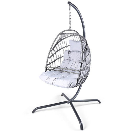 Swing Egg Chair With Stand Indoor And Outdoor Rattan Patio Basket Sling Chair With C-bracket, Patio Wicker Folding Sling Chair