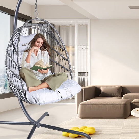 Swing Egg Chair With Stand Indoor And Outdoor Rattan Patio Basket Sling Chair With C-bracket, Patio Wicker Folding Sling Chair